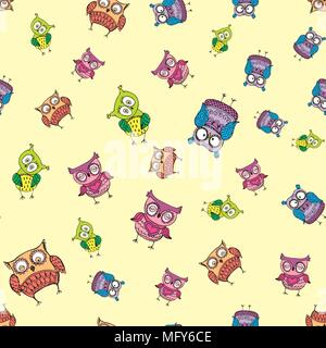 seamless pattern with different cute owls,hand drawing vector illustration Stock Vector