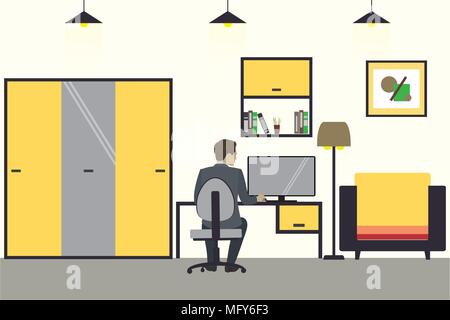 Cartoon businessman working at home, living room interior design with furniture,flat vector illustration Stock Vector