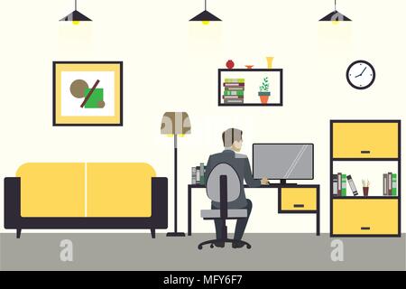 Cartoon businessman working at home, living room interior design with furniture,flat vector illustration Stock Vector