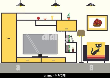 Cartoon graphic living room interior design with furniture,cat on chair,flat vector illustration Stock Vector