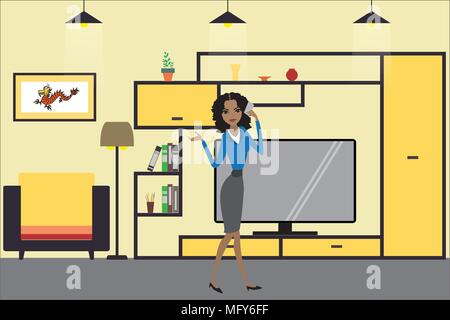 Cartoon graphic living room interior design with furniture,woman with smart phone,flat vector illustration Stock Vector