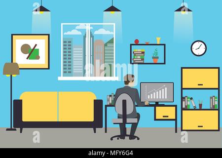 Cartoon businessman working at home or modern office, interior design with furniture,flat vector illustration Stock Vector