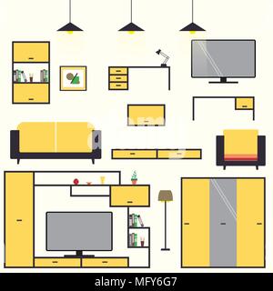 Cartoon set furniture living room interior design: sofa, chairs, bookcase, table, lamps. Flat style vector illustration Stock Vector