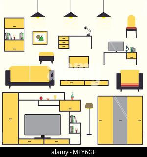 Cartoon set furniture living room interior design: sofa, chairs, bookcase, table, lamps. Flat style vector illustration Stock Vector