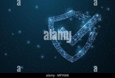 Check mark on shield . Polygonal wireframe mesh art. Security, safe, privacy or other concept illustration or background Stock Vector