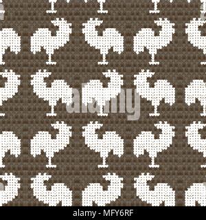 Knitting brown with roosters Stock Vector
