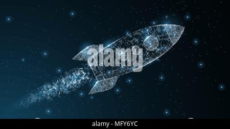 Rocket. Polygonal wireframe mesh art. Business startup, astronomy, innovation concept illustration or background Stock Vector