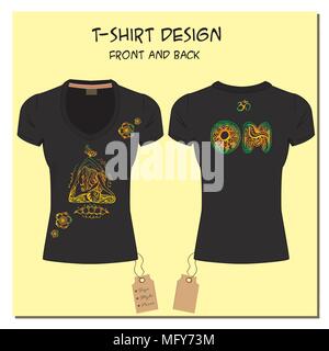 black design T-shirts  with a picture hand drawn  paisley ornament, lettering  and lotus yoga girl , with the label, vector illustration Stock Vector