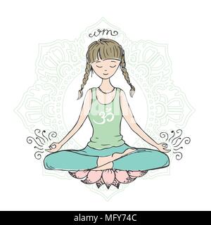 Girl in lotus yoga pose,doodle hand drawn sketch isolated,  Stock Vector