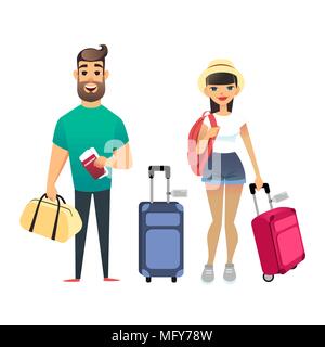 Travelling people waiting for airplane or train. Cartoon man and woman traveling together. Young cartoon couple go on vacation with suitcases and bags. Man holds Tickets and passports, girl holds backpack. Happy newlyweds leave on the sea resort. Stock Vector