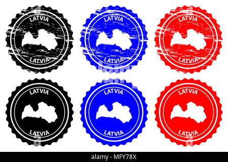 Latvia - rubber stamp - vector, Latvia map pattern - sticker - black, blue and red Stock Vector