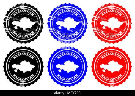 Kazakhstan - rubber stamp - vector, Kazakhstan map pattern - sticker - black, blue and red Stock Vector