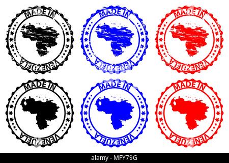 Made in Venezuela - rubber stamp - vector, Venezuela map pattern - black, blue and red Stock Vector