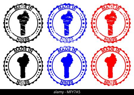 Made in Benin - rubber stamp - vector, Benin map pattern - black, blue and red Stock Vector