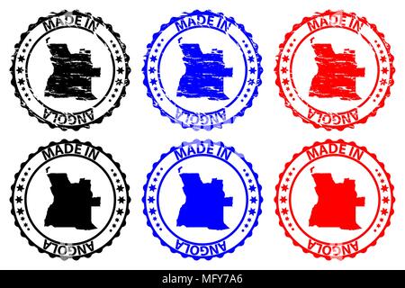 Made in Angola - rubber stamp - vector, Angola map pattern - black, blue and red Stock Vector