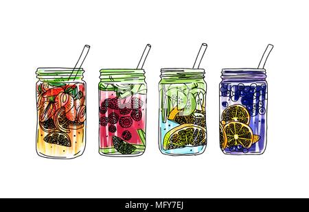 vector summer ice drink with citrus and berries. Lemon and mint. Detox water sketch. Linear illustration. Stock Vector