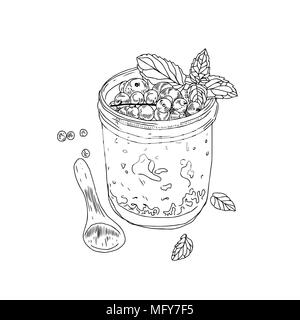 healthy lifestyle concept. Hand drawn sketch illustration with healthy breakfast Cereal granola Bowl, Spoon. Isolated on white background. Stock Vector