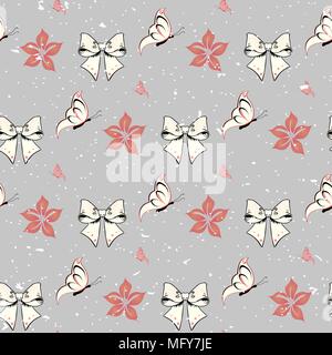 Bows and flofers with roses and butterfly, dot seamless pattern. Black and red stylish retro background. Stock Vector