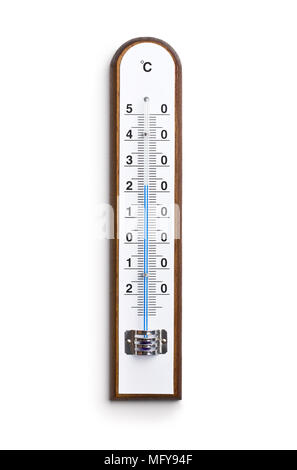 Wooden weather Thermometer isolated on white background. Stock Photo