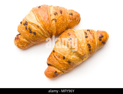 Two croissants with chocolate crumbs isolated on white background. Stock Photo