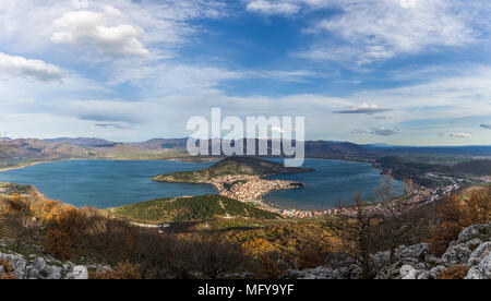 Aerial view of Orestiada lake and Kastoria, a city in northern Greece in the region of West Macedonia Stock Photo