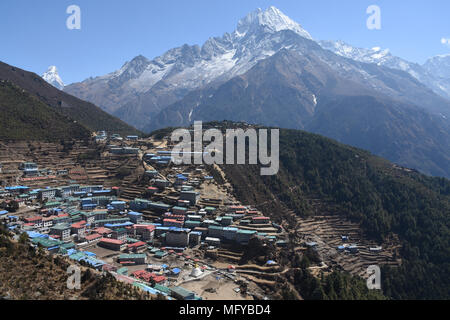 Namche Bazaar and Thamserku, Nepal Stock Photo