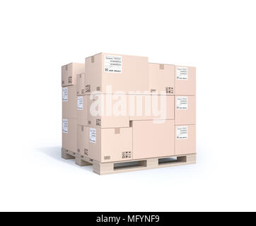 Stack of brown cardboard boxes mock-up on pallet isolated on white background. 3D rendering image. Stock Photo