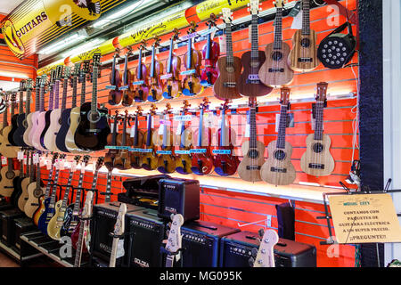 Mexico City,Mexican,Hispanic,historic Center Centre,Calle Bolivar,Music City,musical instrument store,shopping shopper shoppers shop shops market mark Stock Photo