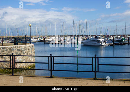 26 April 2018 The public footpath overlooking the ever popular boating marina at Bangor County Down in Northern Ireland on a bright and calm spring mo Stock Photo