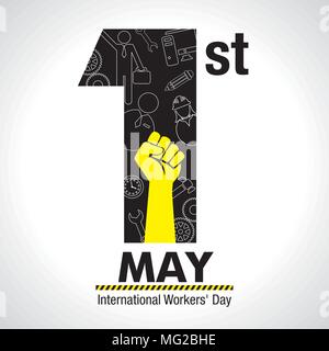 International Worker's Day greeting card. Icons of woman, man, hammer, gears, fist, computer, pencil, clock inside number one in black color Stock Vector