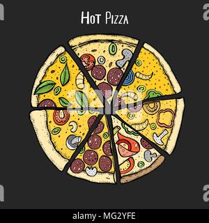 Colored Italian Pizza hand drawn vector illustration. Pizza slices in a circle. Packaging design template. Sketch illustration. Isolated on black Stock Vector