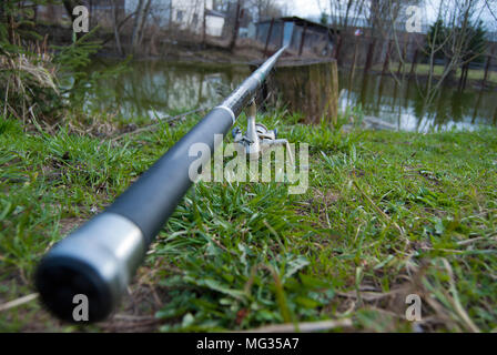 Various Fishing Rods and Reels on the Background of Green Grass