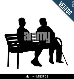 Two elderly woman silhouettes sitting on a bench on white background, vector illustration Stock Vector