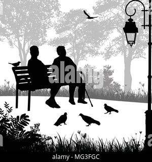 Two elderly woman silhouettes in the park sitting on the bench, vector illustration Stock Vector
