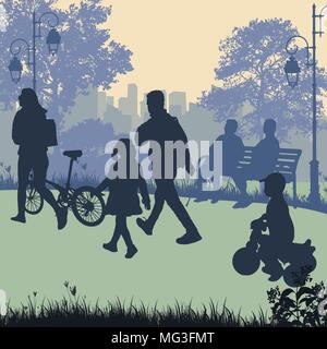 People in a city park silhouettes, vector illustration Stock Vector