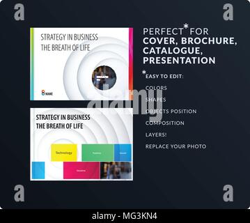 Paper-cut design presentation template with colourful circles shadows. Abstract vector set of modern horizontal banners Stock Vector