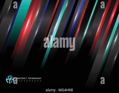 Abstract technology striped oblique blue, red color lines with lighting effect on black background. Vector illustration Stock Vector