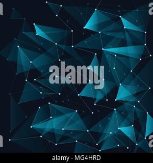 Abstract blue color triangles and low polygon with lines connecting dots structure on dark background. Vector illustration Stock Vector
