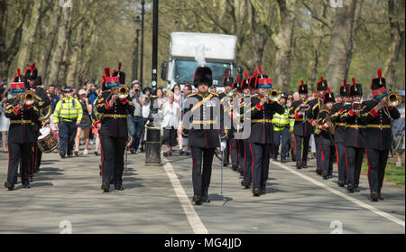 Hyde Park, London UK. 21 April 2018. Band of the Royal Artillery march out after attending Gun Salute in Hyde Park. Stock Photo