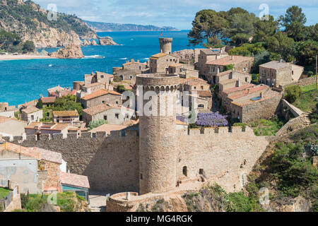 Aerial view of Fortress Vila Vella and Badia de Tossa bay at summer in Tossa de Mar on Costa Brava, Catalonia, Spain Stock Photo