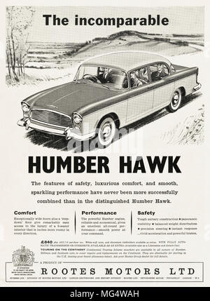 1950s original vintage advertisement advertising new Humber Hawk family saloon car by Rootes Motors Ltd by Royal Appointment in English magazine circa 1958 Stock Photo