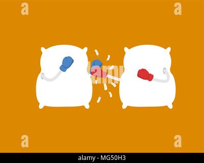 Pillow fight. Strong cushions in boxing gloves. Duel bed linen. Vector illustration Stock Vector