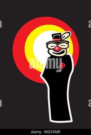 Ilustration of a black gangster silhouette, wearing a clown mask, with a searchlight effect on a dark background Stock Vector