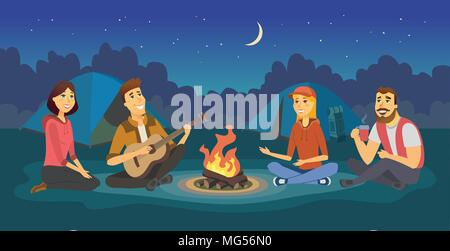 Friends on a camp - cartoon people character illustration Stock Vector