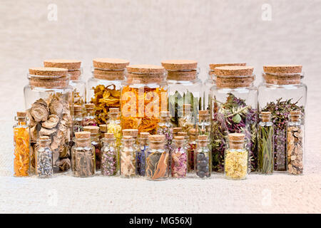 Bottles with herbs used in non- traditional medicine. High resolution photo. Stock Photo