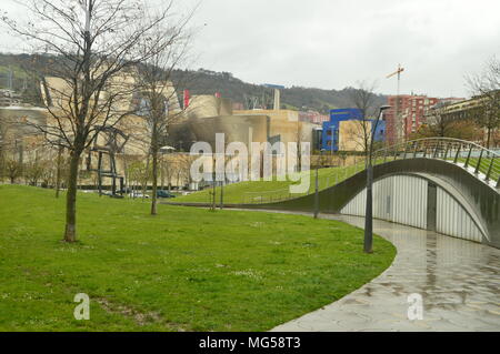 Exterior View From A Side Of The Guggenheim Museum. Art Travel Holidays. March 25, 2018. Bilbao Vizcaya Basque Country Spain. Stock Photo