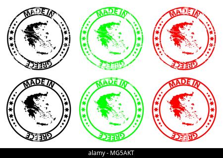 Made in Greece - rubber stamp - vector, Greece map pattern - black, green and red Stock Vector