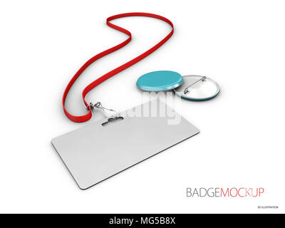 Blank white and red badges. Pin button. 3d Illustration realistic mockup. Stock Photo