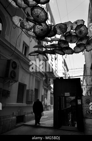 BUCHAREST, ROMANIA - APRIL 22, 2018.Umbrellas roof street in Victory Passage , Bucharest, Romania Stock Photo