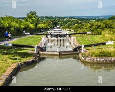 The famous flight of locks at Caen Hill on the Kennet and Avon Canal in Wiltshire. Stock Photo